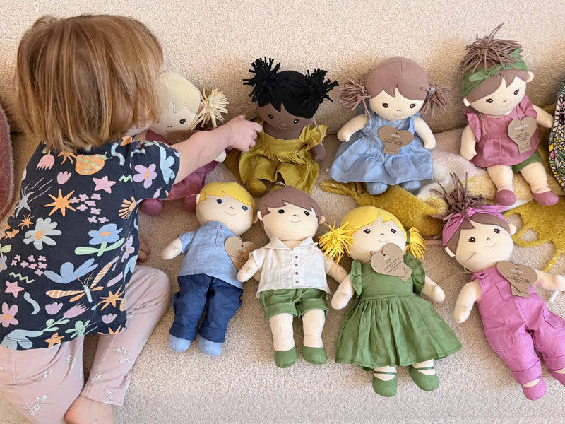 Soft toys and books styled on a shelf